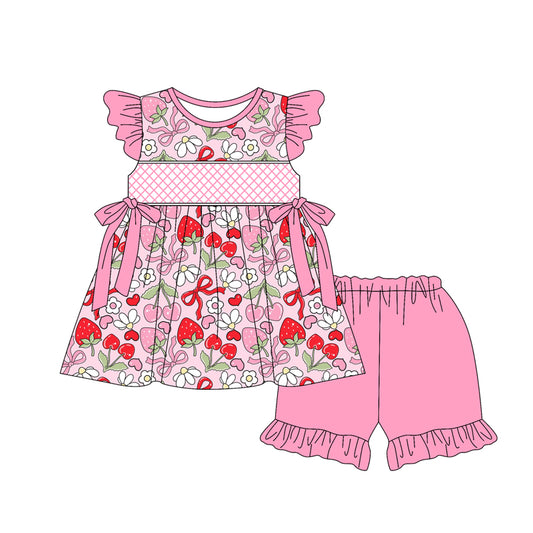 preorder GSSO2400 Baby Girls Pink Flutter Sleeves Bows Floral Strawberry Tunic Ruffle Short Set D 3.11