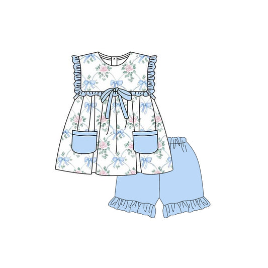 preorder GSSO2401 Baby Girls Blue Sleeveless Bows Floral Pockets Tunic Ruffle Short Set D 3.11