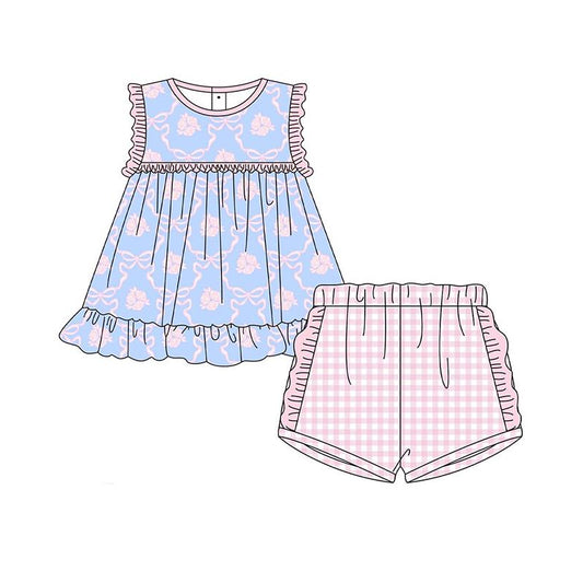 preorder GSSO2403 Baby Girls Lavender Sleeveless Bows Floral Tunic Plaid Ruffle Short Set D 3.11