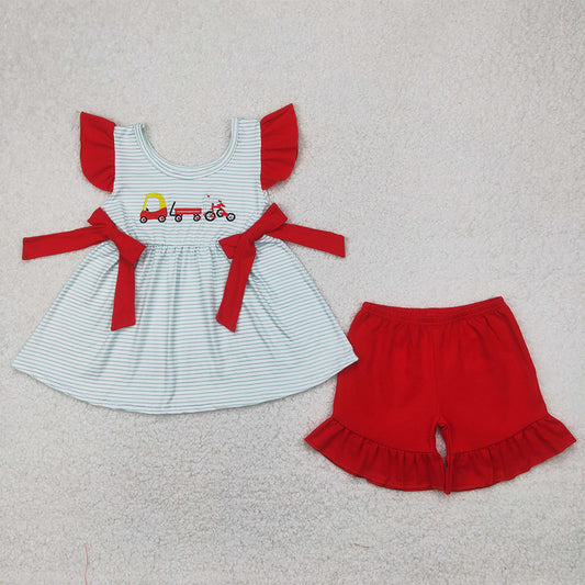 GSSO2404  Baby Girls Red Flutter Sleeves Trucks Bows Tunic Red Ruffle Short Set D 814 19