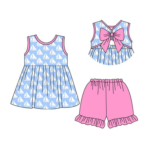 preorder GSSO2405 Baby Girls Blue Sleeveless Boats Backless Bow Tunic Pink Ruffle Short Set D 3.11