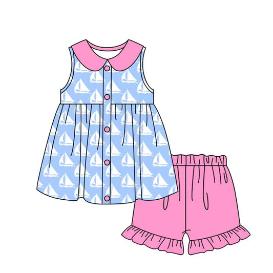 preorder GSSO2406 Baby Girls Blue Sleeveless Boats Button Tunic Pink Ruffle Short Set D 3.11