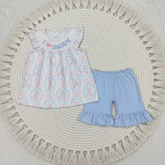 GSSO2407 Baby Girls Flutter Sleeves I LOVE DADDY Floral Bows Tunic Blue Ruffle Short Set