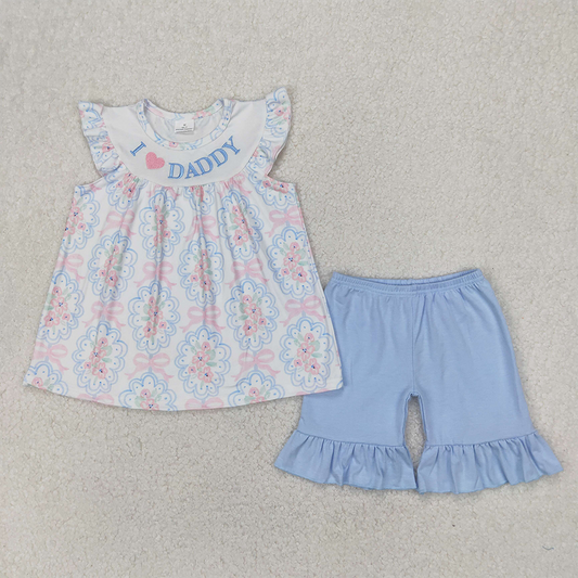GSSO2407 Baby Girls Flutter Sleeves I LOVE DADDY Floral Bows Tunic Blue Ruffle Short Set D 4.1