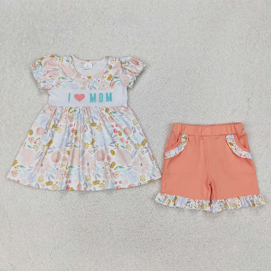 GSSO2408 Baby Girls Short Ruffle Sleeves I LOVE MOM Floral Tunic Orange Ruffle Pockets Short Set D 3.31