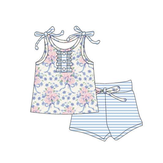 preorder GSSO2410 Baby Girls Strap Button Bows Floral Top Light Blue Stripe Short Set D 3.11