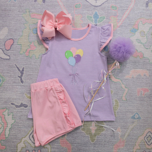 preorder GSSO2412 Baby Girls Lavender Flutter Sleeves Balloons Top Pink Ruffle Short Set D 3.11