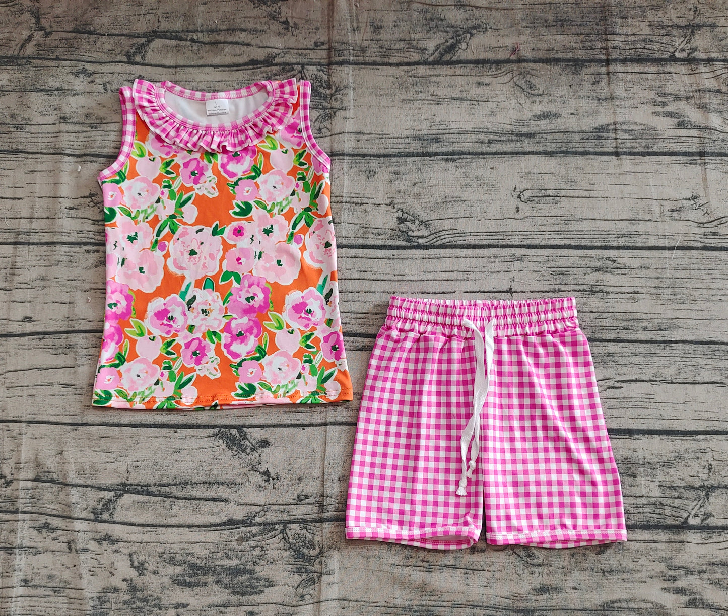 GSSO2413 Baby Girls Pink Plaid Sleeveless Floral Top Short Set D 3.27