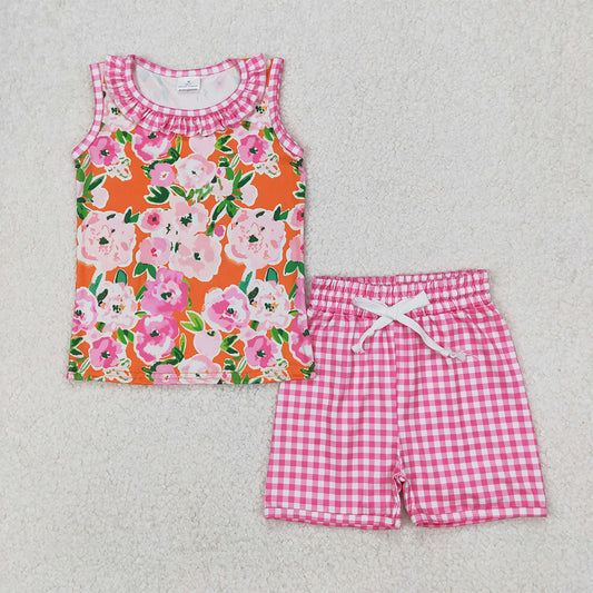 GSSO2413 Baby Girls Pink Plaid Sleeveless Floral Top Short Set D 3.27