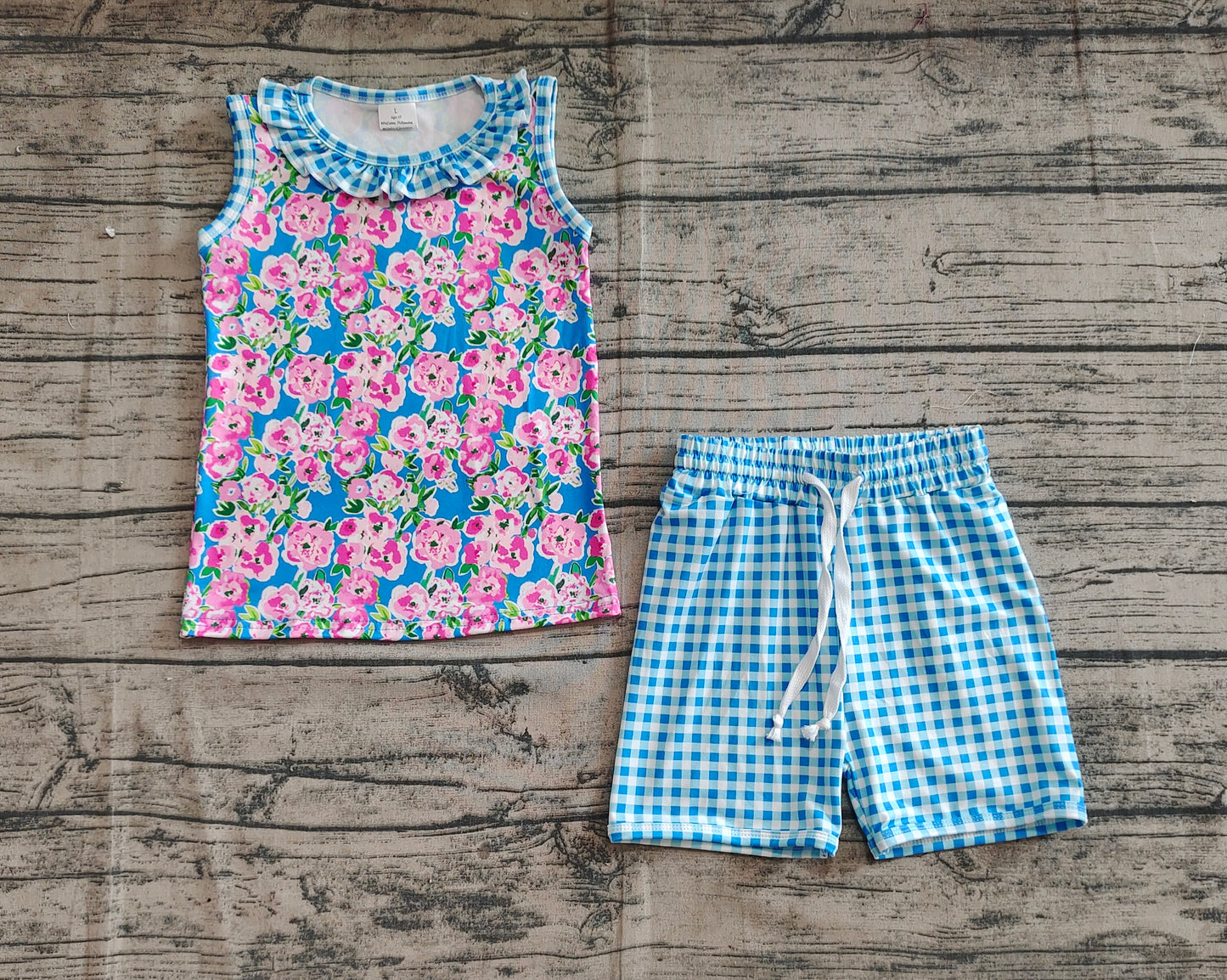 GSSO2414  Baby Girls Blue Plaid Sleeveless Floral Top Short Set  D 3.31