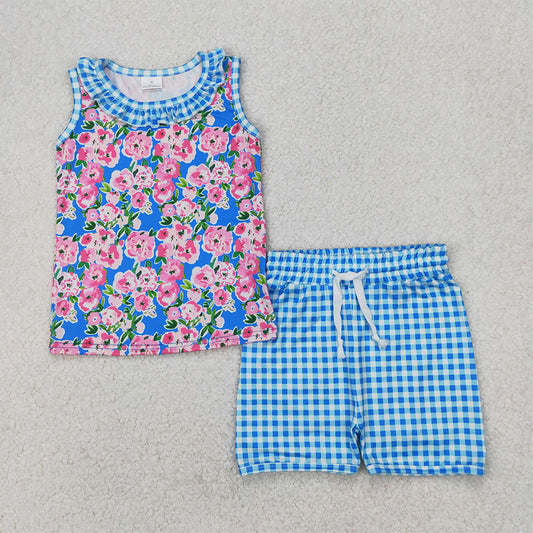 GSSO2414 Baby Girls Blue Plaid Sleeveless Floral Top Short Set D 3.31