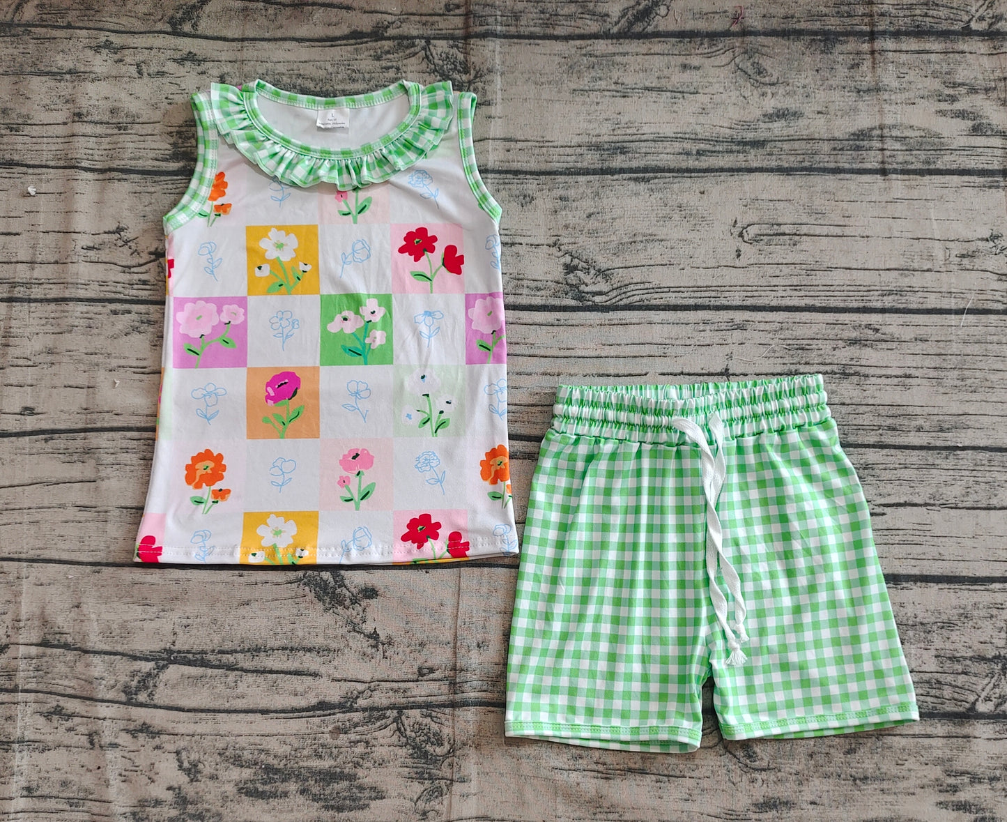 GSSO2415 Baby Girls Green Plaid Sleeveless Floral Top Short Set   D 3.31