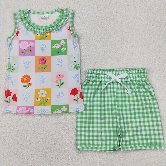 GSSO2415 Baby Girls Green Plaid Sleeveless Floral Top Short Set D 3.31