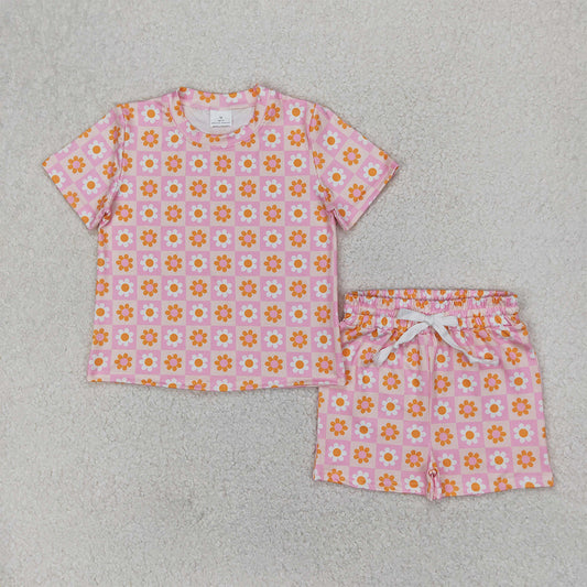 GSSO2425 Baby Girls Pink Plaid Short Sleeves Daisy Flowers Top Short Pajamas Set D 4.7