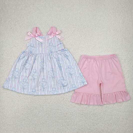 GSSO2429 Baby Girls Pink Strap Floral Stripe Tunic Ruffle Shorts Sets D 816