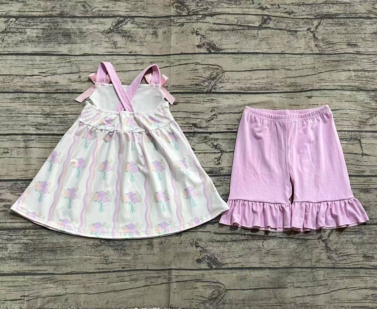 GSSO2430 Baby Girls Hot Pink Strap Floral Stripe Tunic Ruffle Short Set  D 816