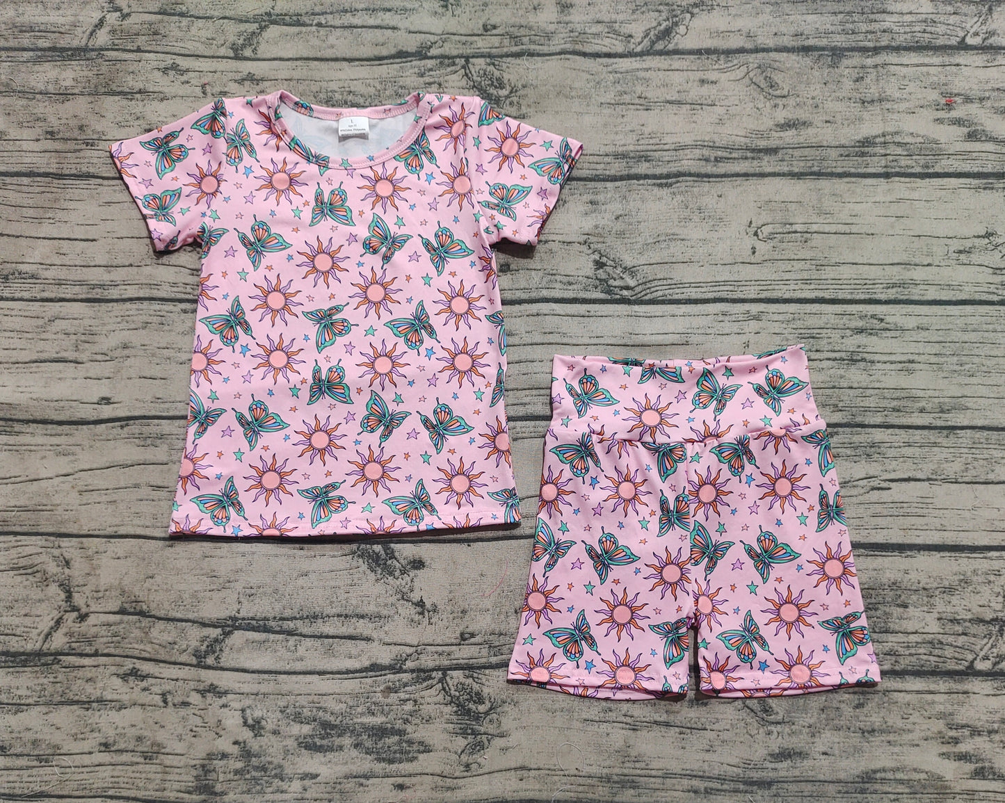 GSSO2437  Baby Girls Pink Short Sleeves Butterfly Suns Stars Top Short Pajamas Set D 4.7