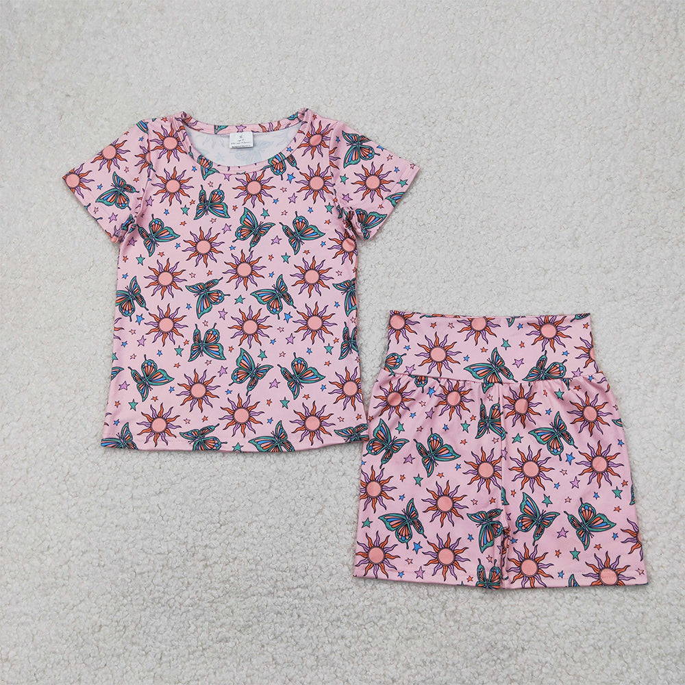 GSSO2437  Baby Girls Pink Short Sleeves Butterfly Suns Stars Top Short Pajamas Set D 4.7