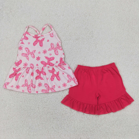 GSSO2439 Baby Girls Pink Strap Flowers Hearts Dogs Top Ruffle Short Set D 4.1