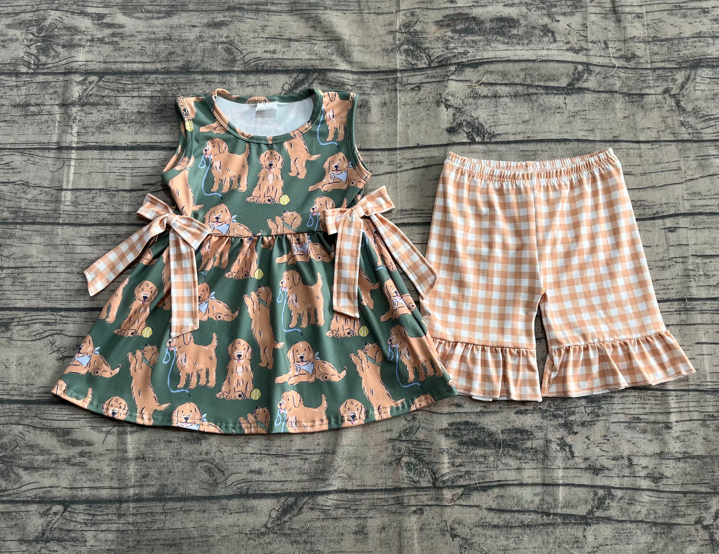 GSSO2449 Baby Girls Green Sleeveless Dogs Bows Tunic Khaki Plaid Ruffle Short Set  D 816