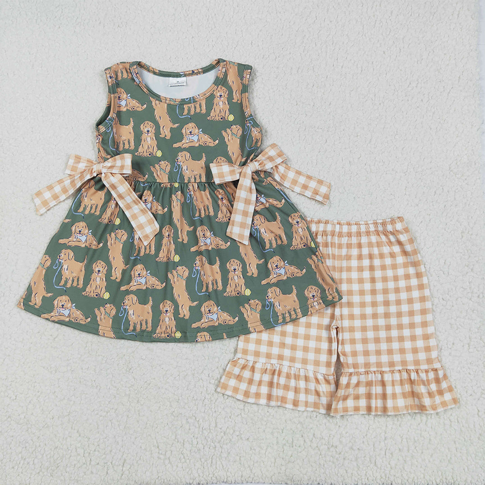GSSO2449 Baby Girls Green Sleeveless Dogs Bows Tunic Khaki Plaid Ruffle Short Set  D 816