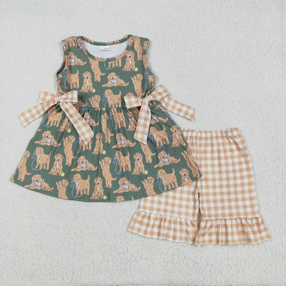 Sibling Baby Girls Green Sleeveless Dogs Bows Tunic Khaki Plaid Ruffle Shorts Sets Rompers  D 7.8