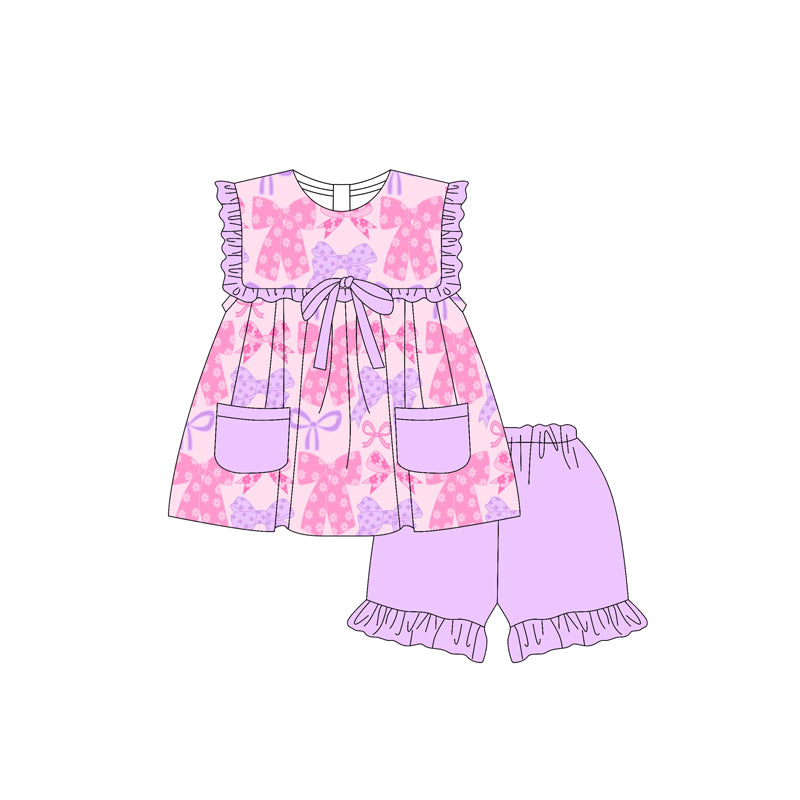 GSSO2462 Baby Girls Lavender Bows Pockets Tunic Ruffle Short Set  D 816