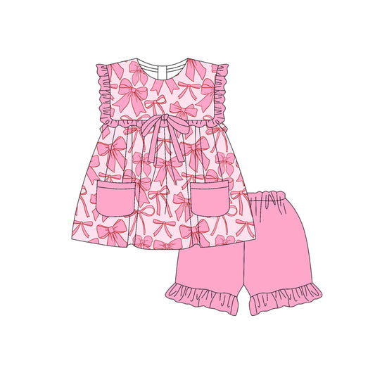presale GSSO2464 Baby Girls Pink Bows Pockets Tunic Ruffle Short Set D 3.20