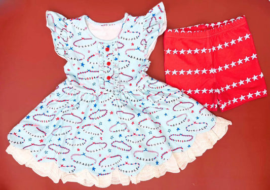 presale GSSO2466 Baby Girls Blue Red Stars Button Tunic Red Short 4th Of July Set D 3.20