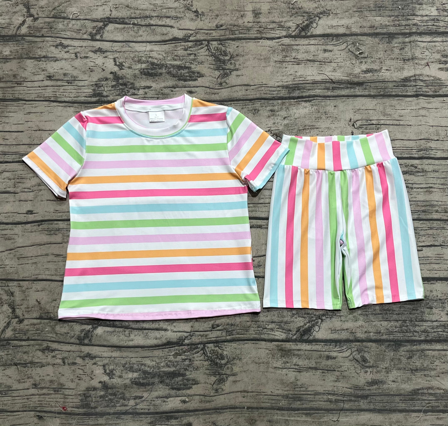 GSSO2468   Baby Girls Colorful Stripes Top Short Pajamas Sets D 816