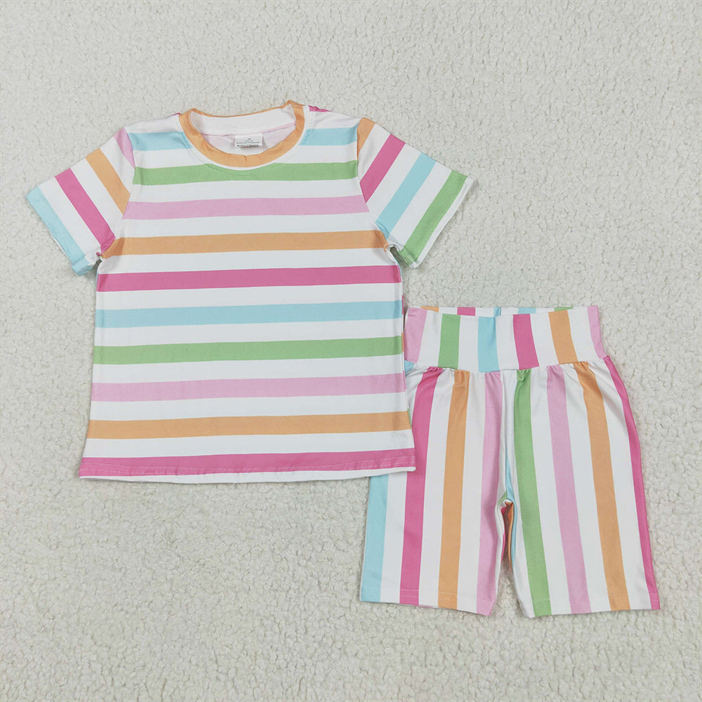 GSSO2468   Baby Girls Colorful Stripes Top Short Pajamas Sets D 816