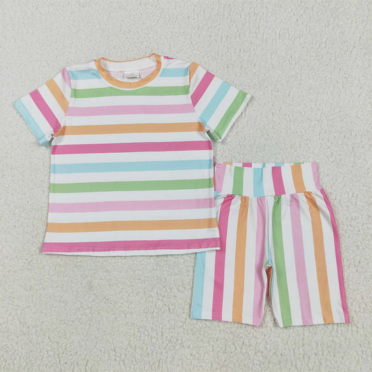 GSSO2468   Baby Girls Colorful Stripes Top Short Pajamas Sets D 816