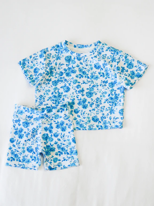 presale GSSO2469 Baby Girls Blue Floral Top Short Pajamas Sets  D 3.19