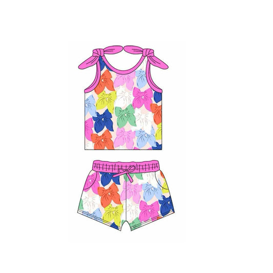 presale GSSO2471  Baby Girls Pink Strap Colorful Bows Top Pockets Short Sets  D 3.19
