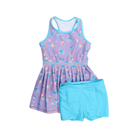 presale GSSO2473 Baby Girls Purple Sleeveless Floral Dress Short Yoga Set D 3.18