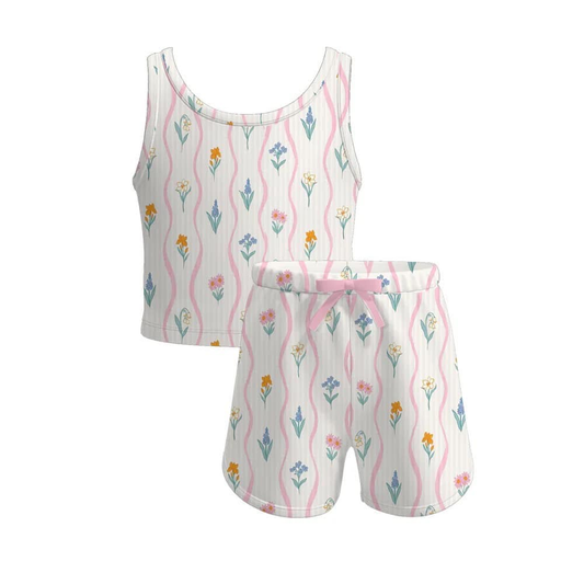 presale GSSO2474 Baby Girls Sleeveless Floral Stripe Short Yoga Top Set D 3.18
