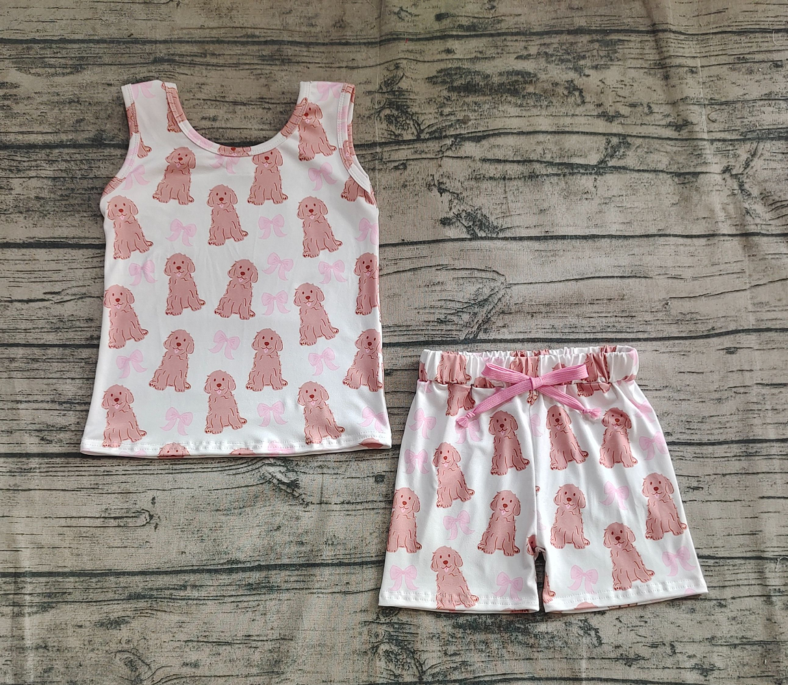 Sibling Baby Girls Sleeveless Bows Dogs Flowers Top Short With Belt Sets D 816