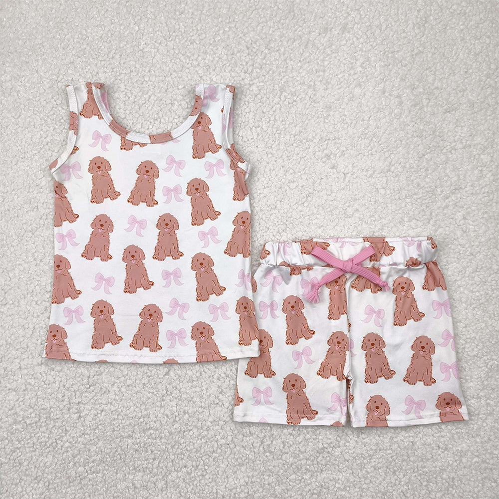 GSSO2475 Baby Girls Sleeveless Dogs Bows Shorts Top Set  D 4.9