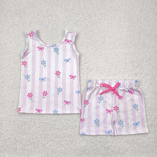 GSSO2476 Baby Girls Pink Stripe Sleeveless Bows Flowers Top Shorts Set D 4.9