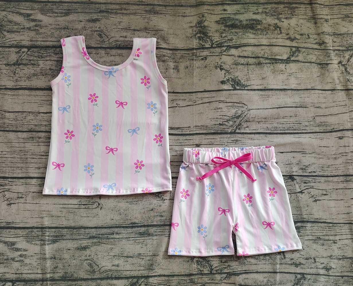 Sibling Baby Girls Sleeveless Bows Dogs Flowers Top Short With Belt Sets D 816
