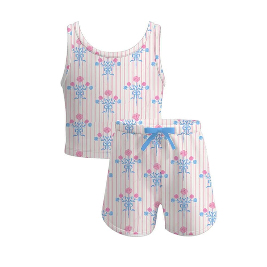presale GSSO2477 Baby Girls Pink Stripe Sleeveless Flowers Top Short Yoga Set D 3.18