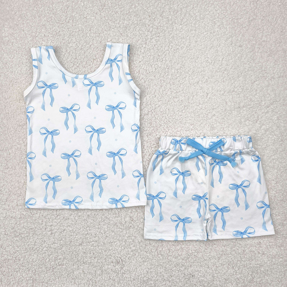 GSSO2478 Baby girl blue bow coquette on white tank shorts set