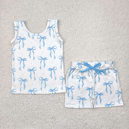 GSSO2478 Baby Girls Sleeveless Blue Bows Top Short Yoga Set  D 815