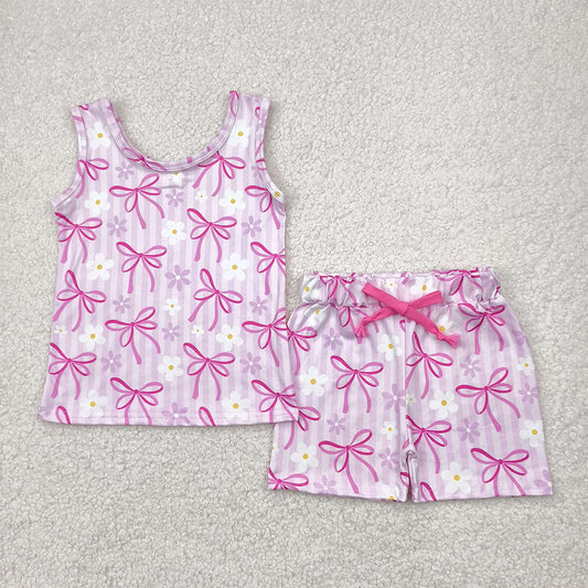 GSSO2479  Baby Girls Sleeveless Pink Bows Flowers Top Short Set D 815