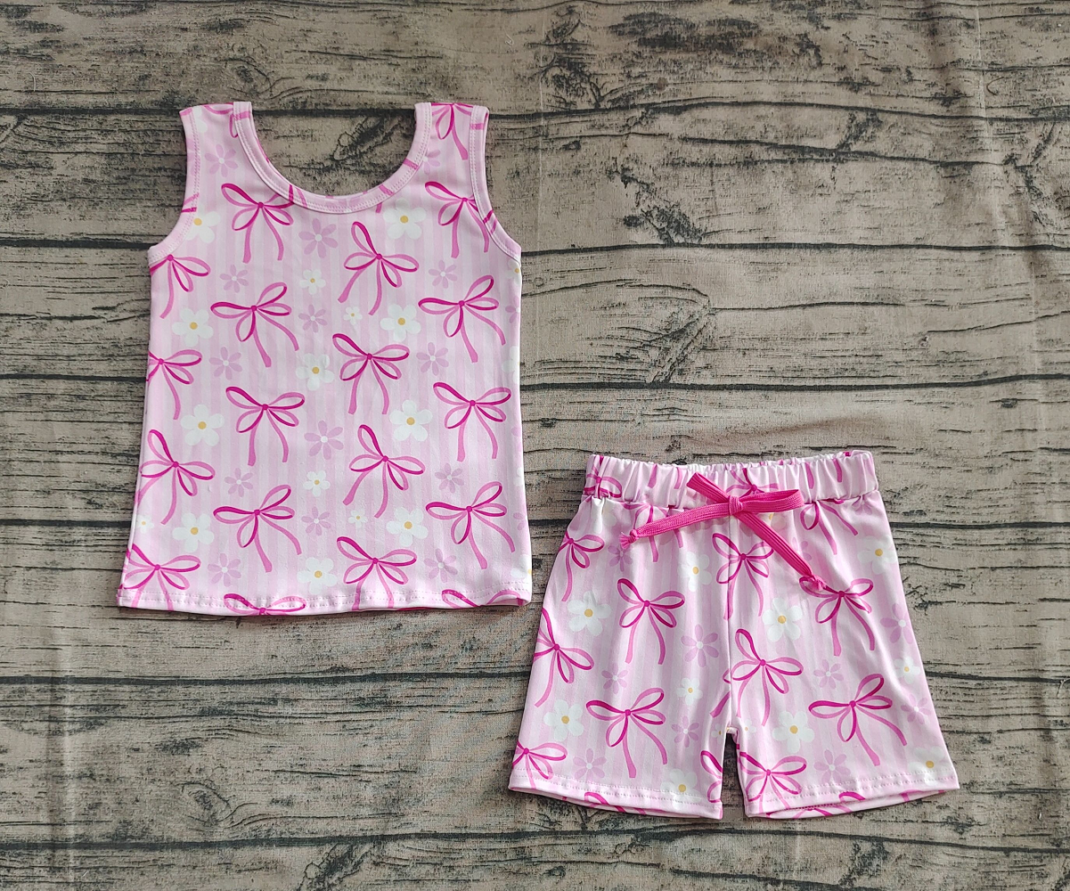 Sibling Baby Girls Sleeveless Bows Dogs Flowers Top Short With Belt Sets D 816