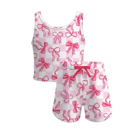 presale GSSO2480 Pink and White Plaid Sleeveless Shorts Set with Bow Pattern D 3.18