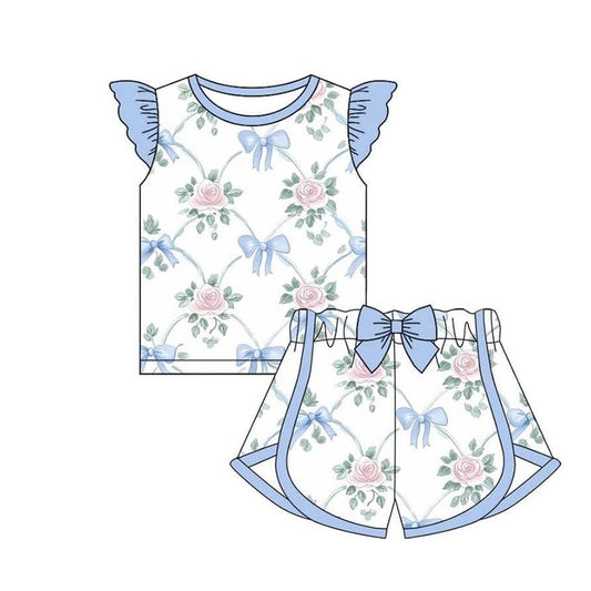presale GSSO2483 Baby Girls Flutter Sleeves Bows Floral Top Short Set D 3.19