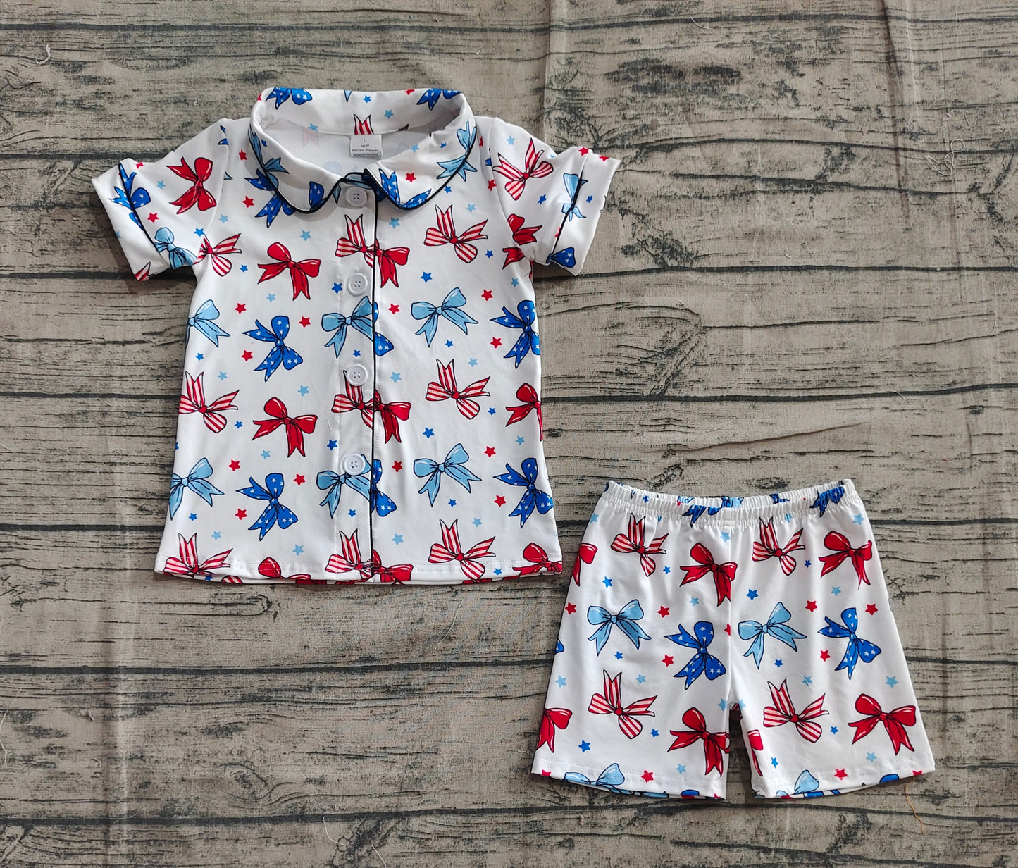 GSSO2484 Baby Girls Blue Red Bows Button Top Short 4th Of July Pajamas Set  D 5.6