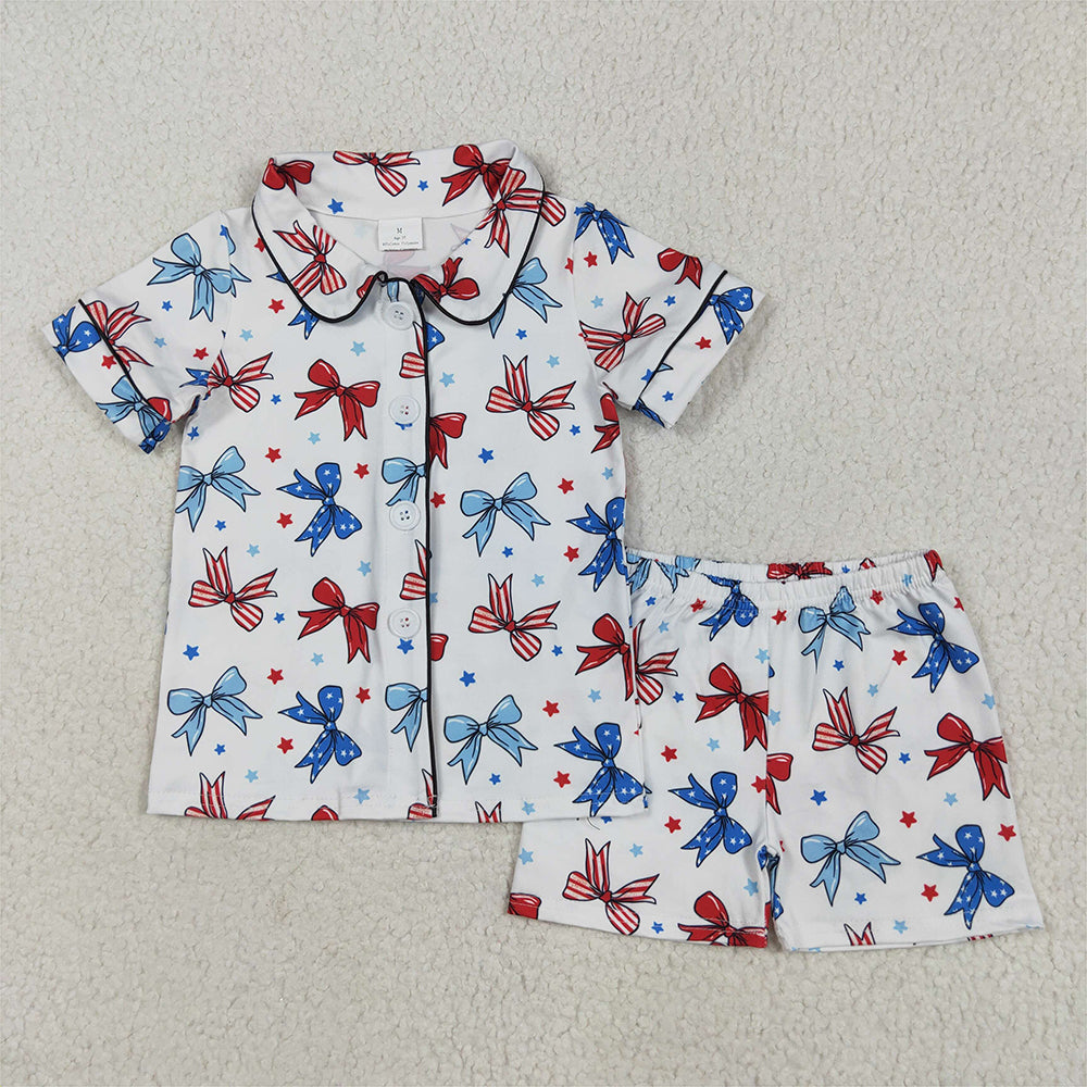 GSSO2484 Baby Girls Blue Red Bows Button Top Short 4th Of July Pajamas Set  D 5.6