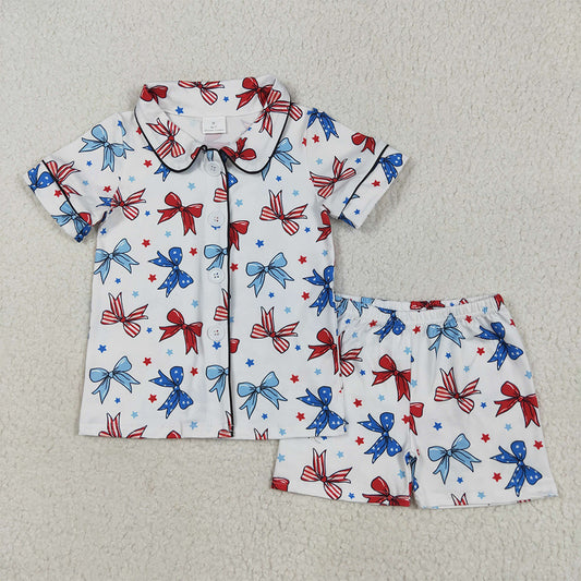 GSSO2484 Baby Girls Blue Red Bows Button Top Short 4th Of July Pajamas Set D 5.6